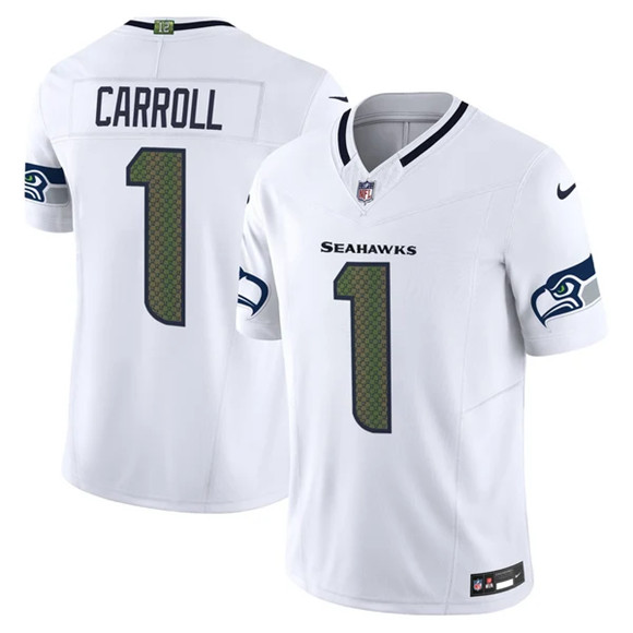 Men's Seattle Seahawks #1 Pete Carroll White 2025 F.U.S.E. “Rivalries” Vapor Untouchable Limited Stitched Football Jersey